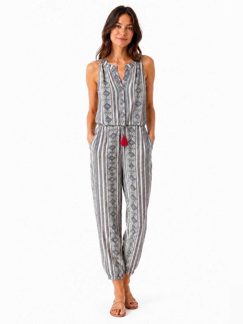 THML Geometric Print Tassel Drawstring Jumpsuit Navy Size XS
